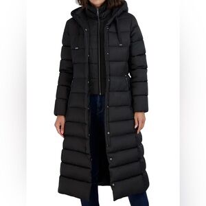 NWT Tahari Nellie Black Long Puffer Coat xs removable fur